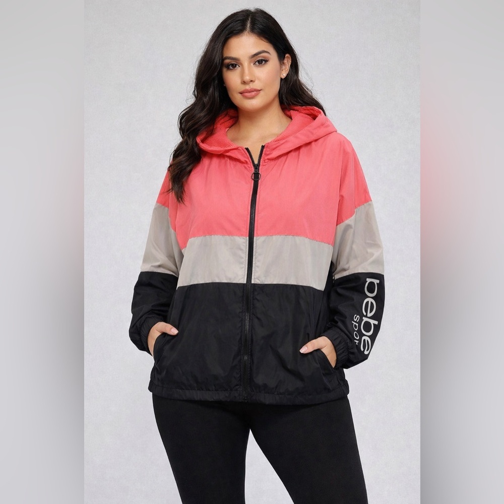 Bebe Sport Women's Jacket Size Large Pink Color Block‎ Windbreaker Full Zip Y2K